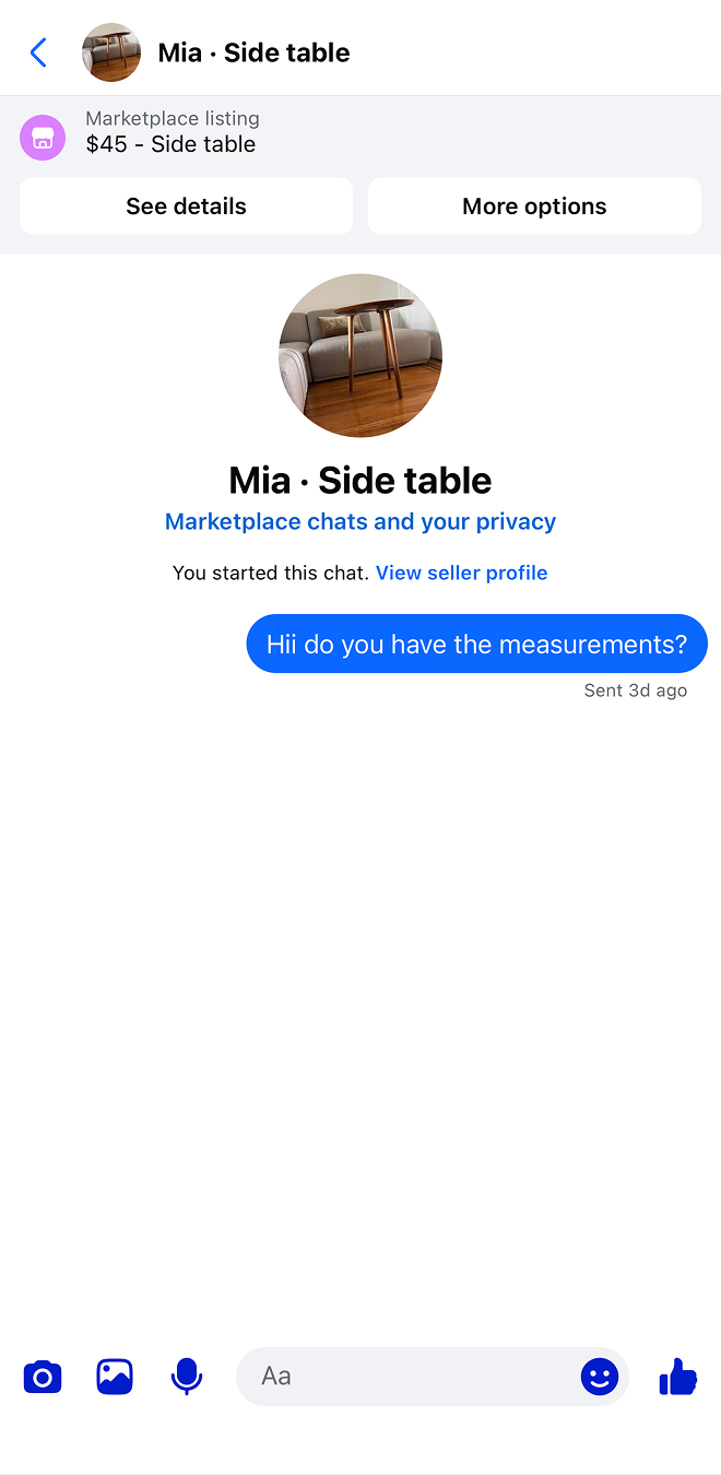 Messenger thread — asking about measurements