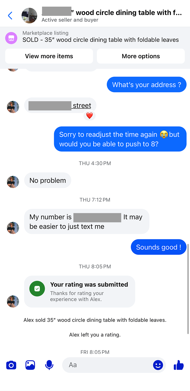 Messenger thread — seller sharing phone number