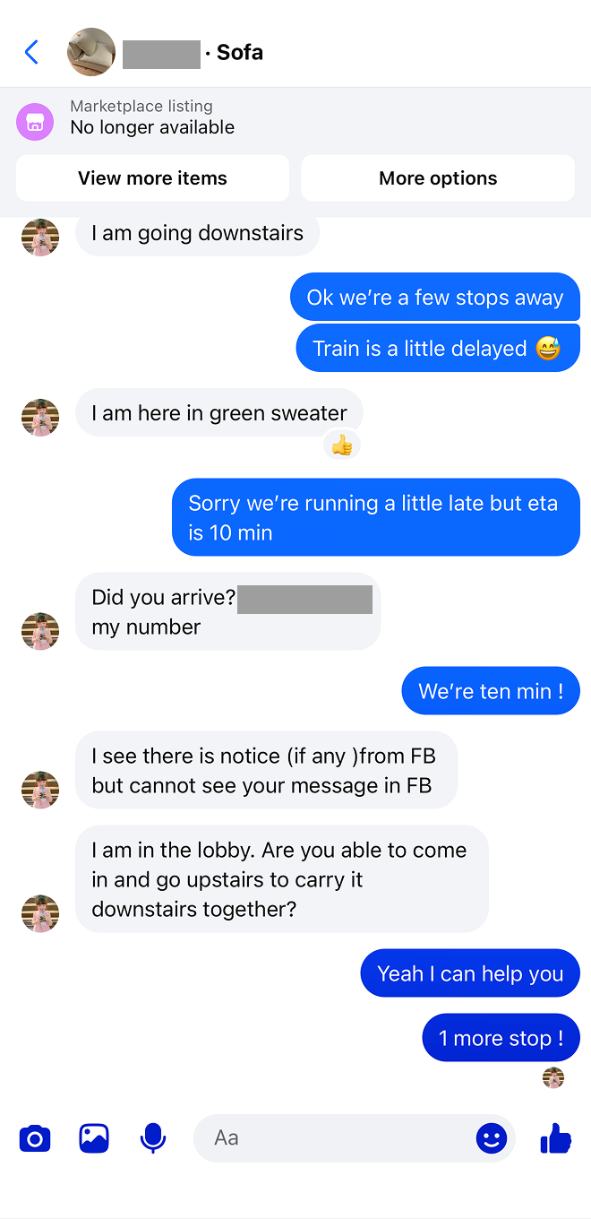 Messenger thread — sofa purchase